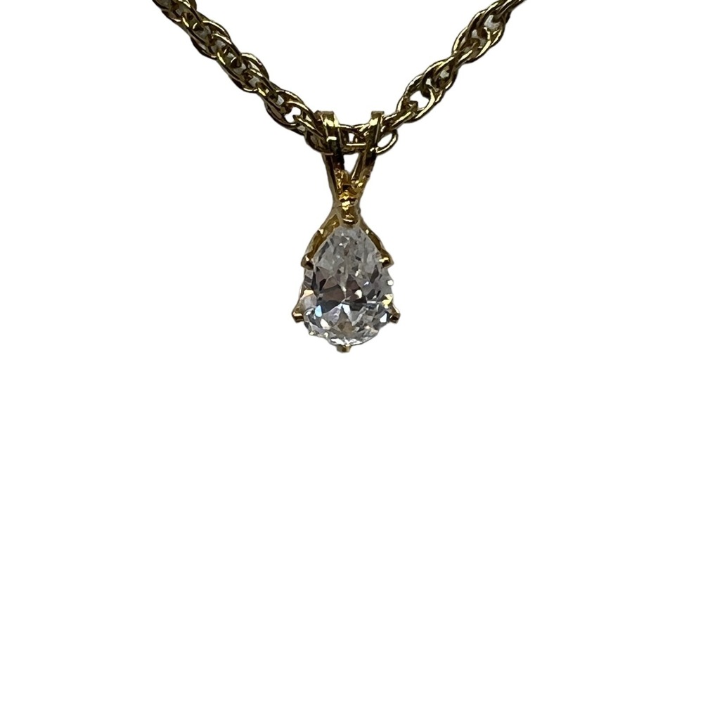 Clearβ Stone Solitaire Pendant Gold Tone Rope Chain Pear Teardrop Shape